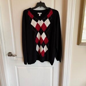 croft & barrow Black V-Neck Argyle Sweater with Red and White Diamonds